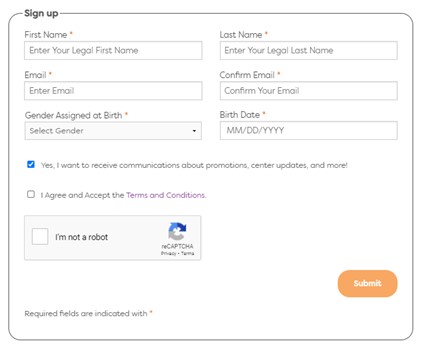 Screenshot showing signup form